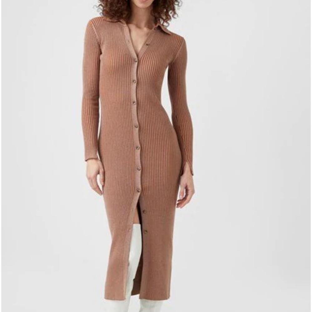 Ribbed Button-Front Midi Dress in Light Brown